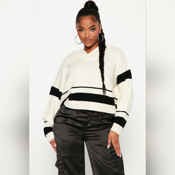 Fashion Nova Tops - Black and Ivory Hooded long sleeve Sweater